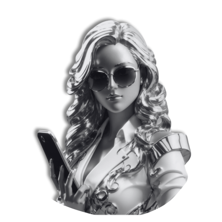 Black and white image of a woman with sunglasses and smartphone - Symbolizing digital presence and authenticity.